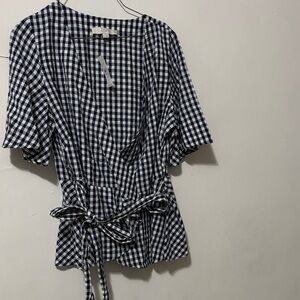 LOFT Navy and White Gingham Wrap Blouse